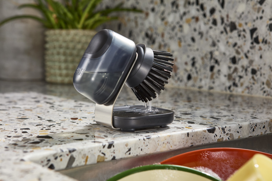 SinkTech Soap-dispensing palm brush with stainless-steel storage stand